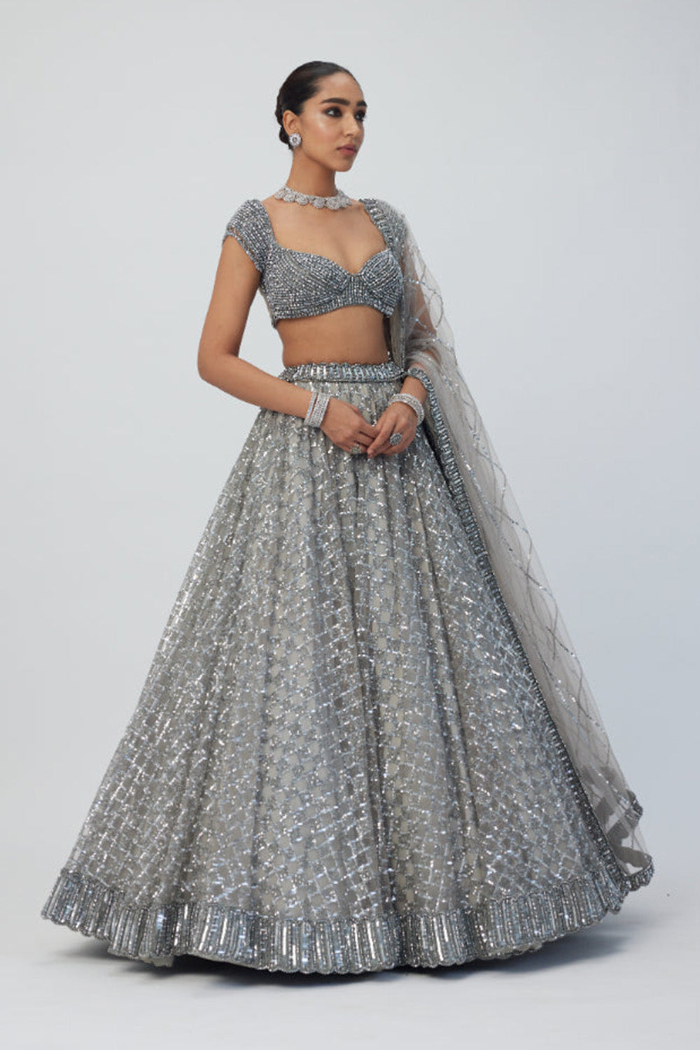 Crystal Grey Sequins Embroidered Lehenga Set