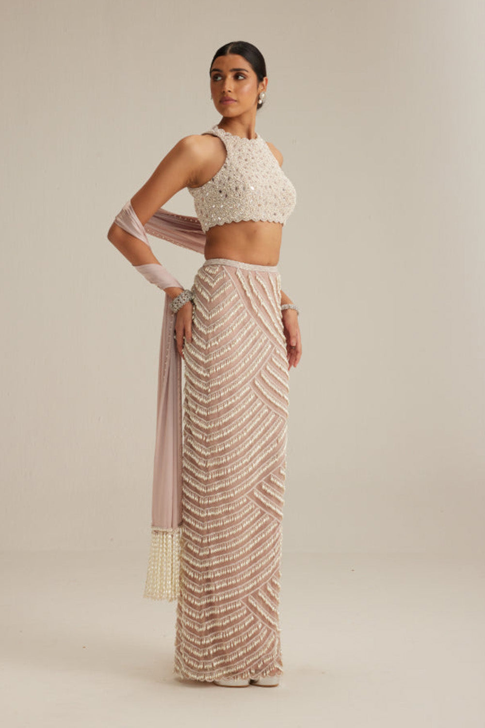 Ash Pink Pearl Drop Pencil Skirt Set