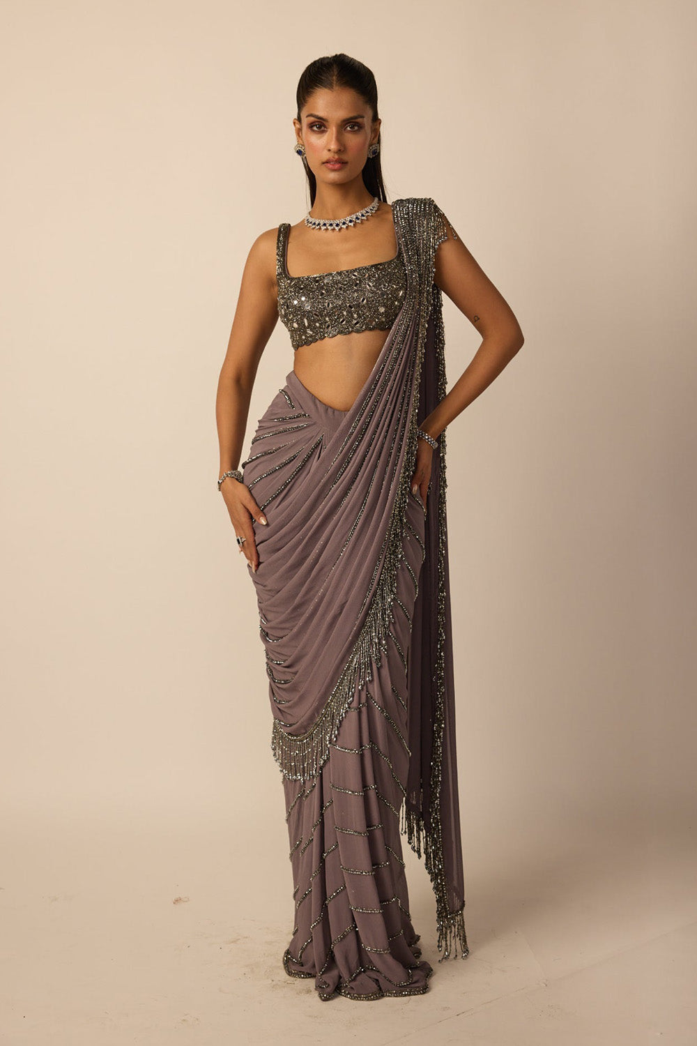 Metallic Grey Linear Draped Saree
