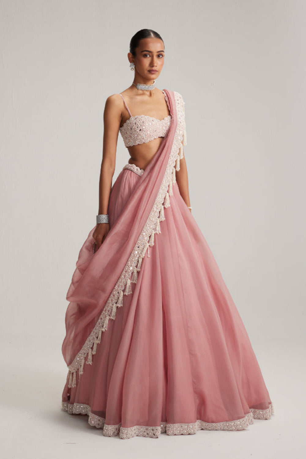 Dusty Rose Organza mirror and pearl lehenga set