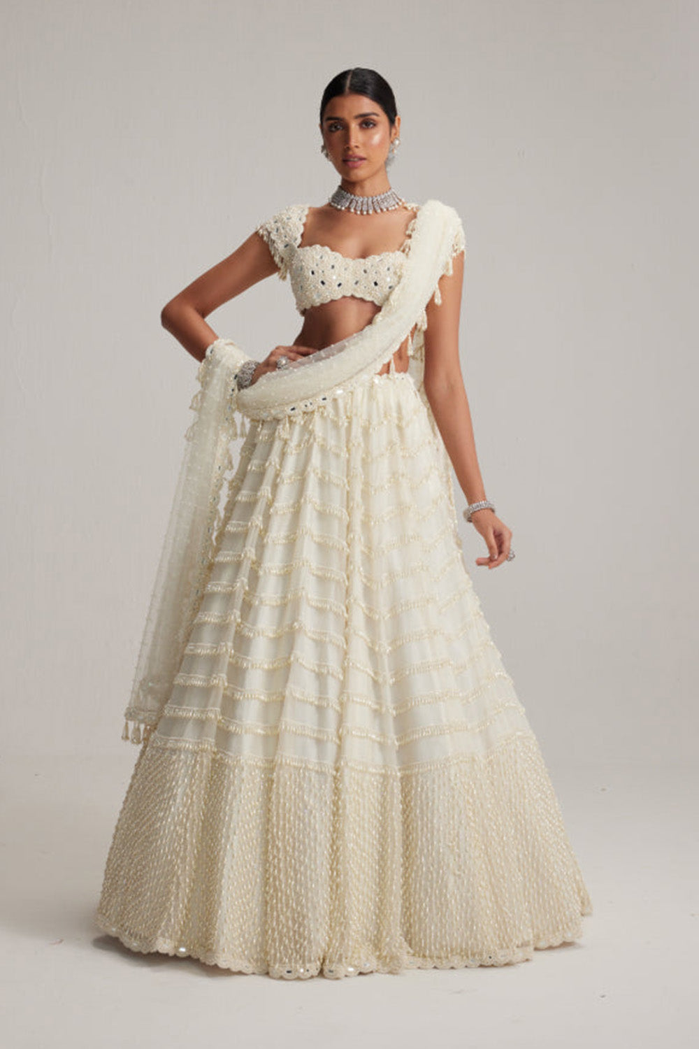 Off White Mirror and Pearl Drop Bridal lehenga set