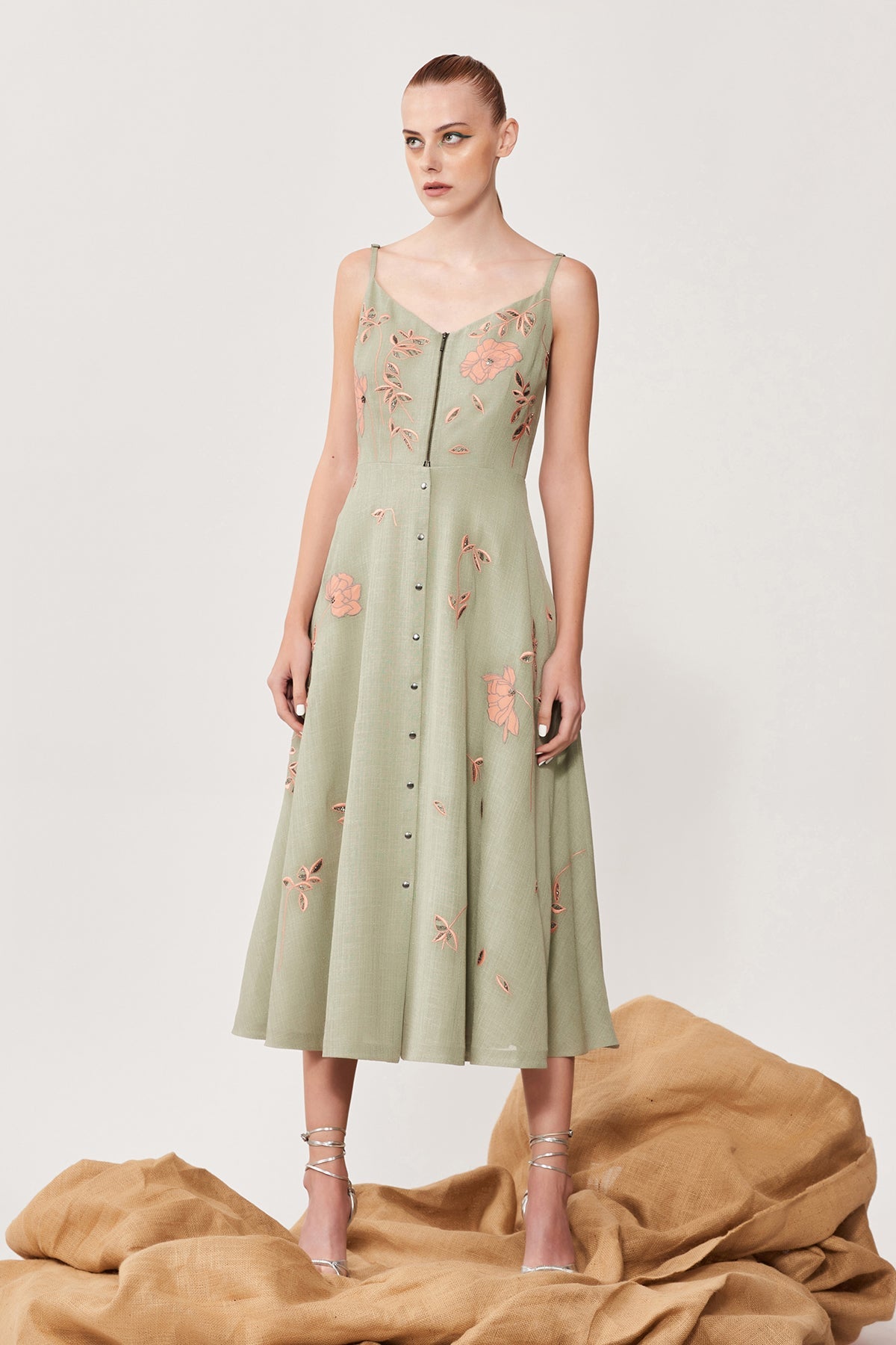Abstract Rose Spagetti Strap Midi Dress