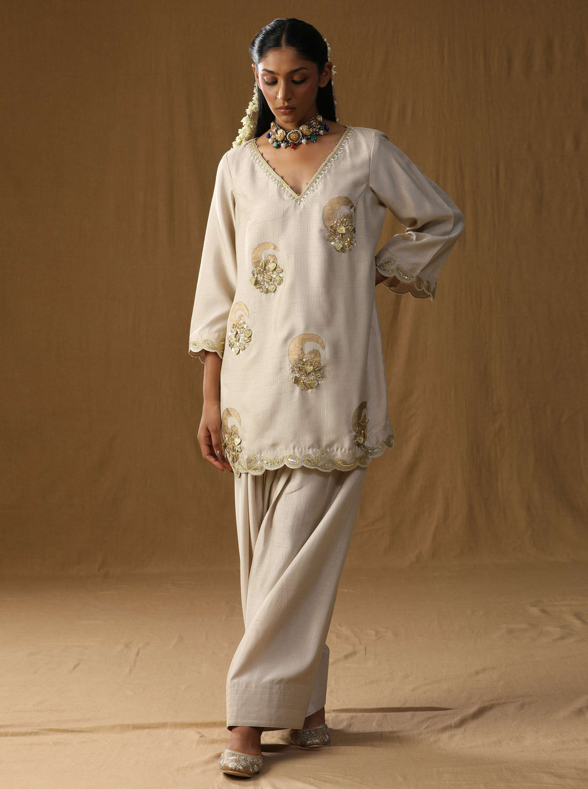 Vrind?  Beige Mritika Embroidered Suit Set