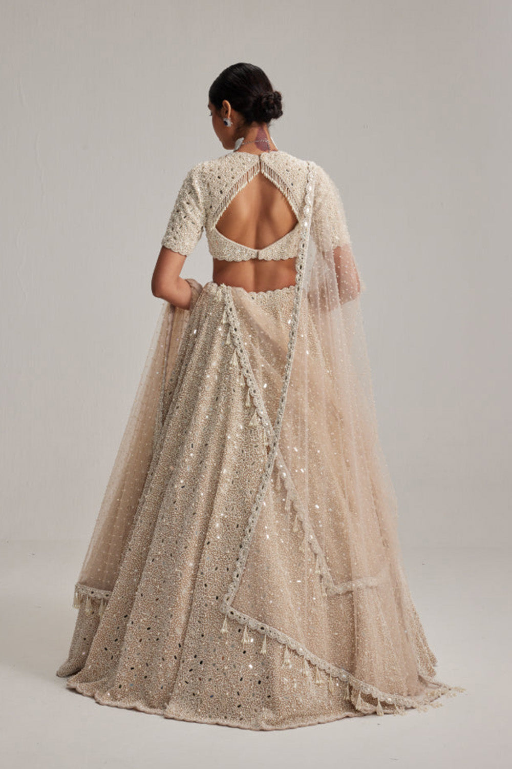 Light Beige dense mirror and pearl lehenga set with high neck blouse and Double Dupatta