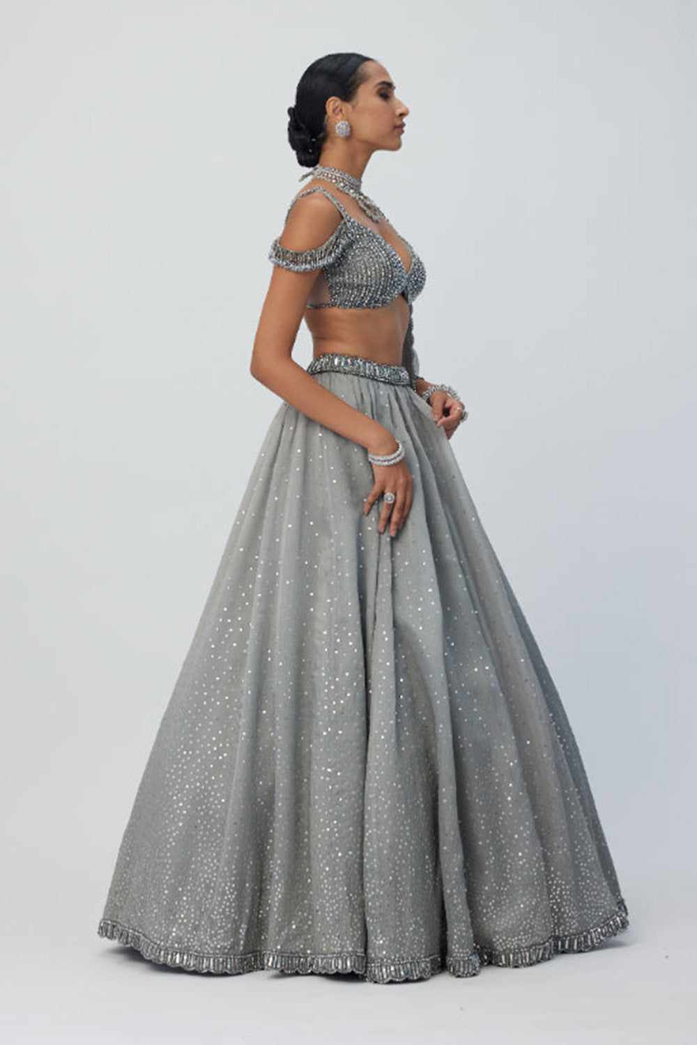 Crystal Grey Sequins Scattered Organza Lehenga Set