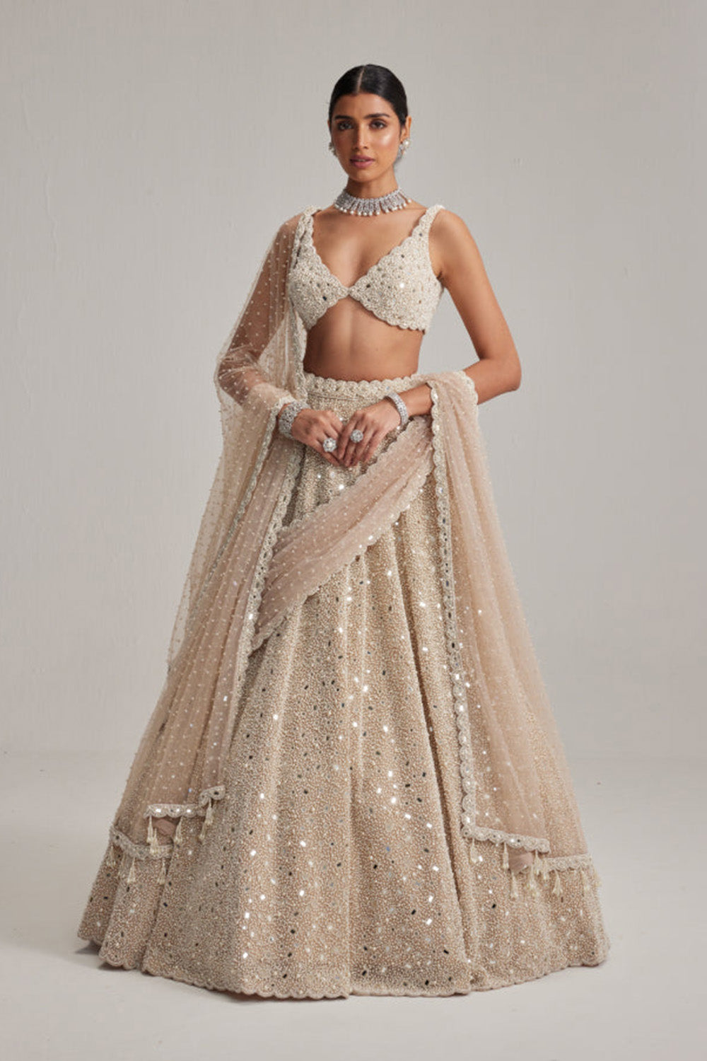 Light Beige Dense mirror and pearl lehenga set With Double Dupatta