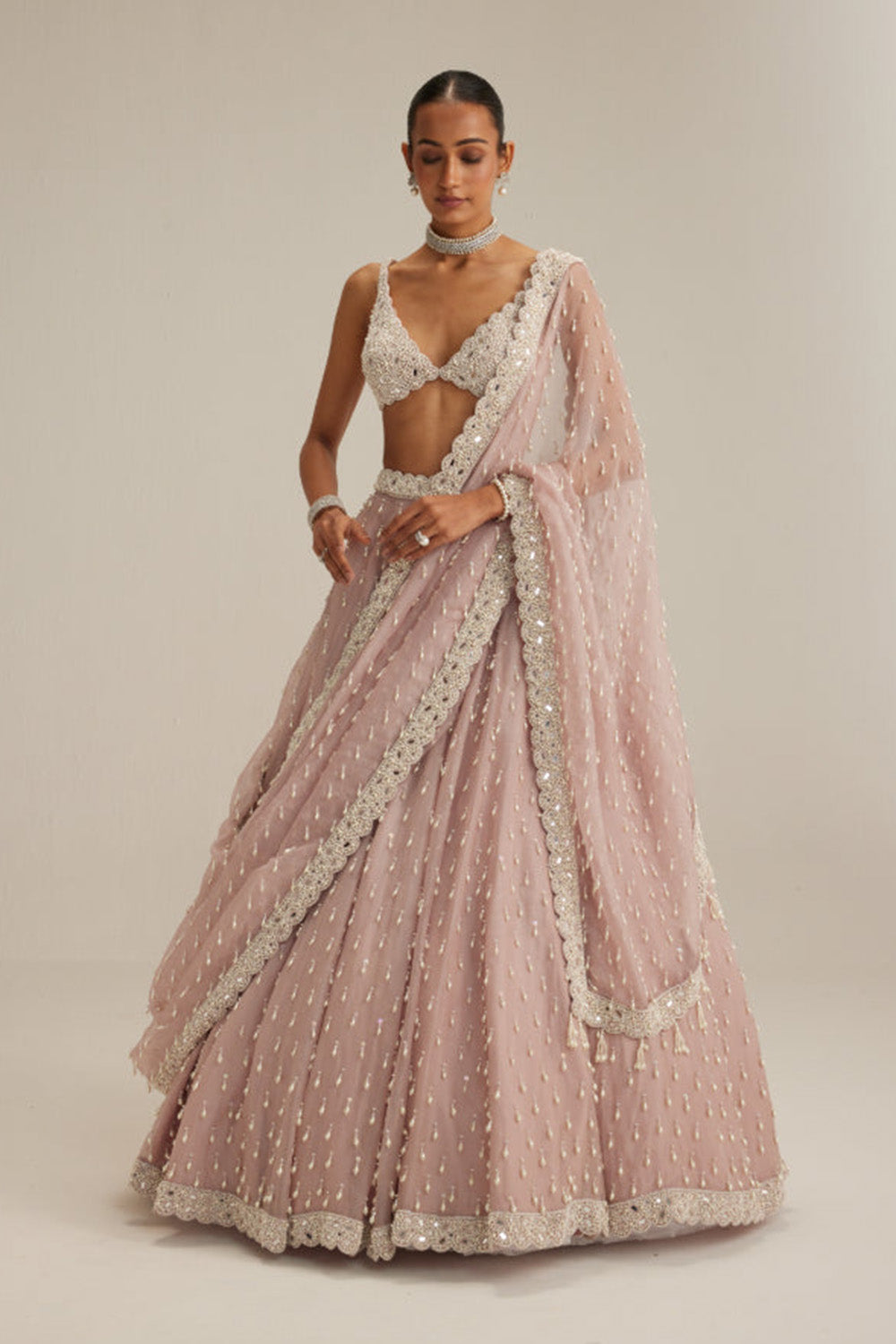 Ash Pink Pearl Drop Organza Lehenga Set