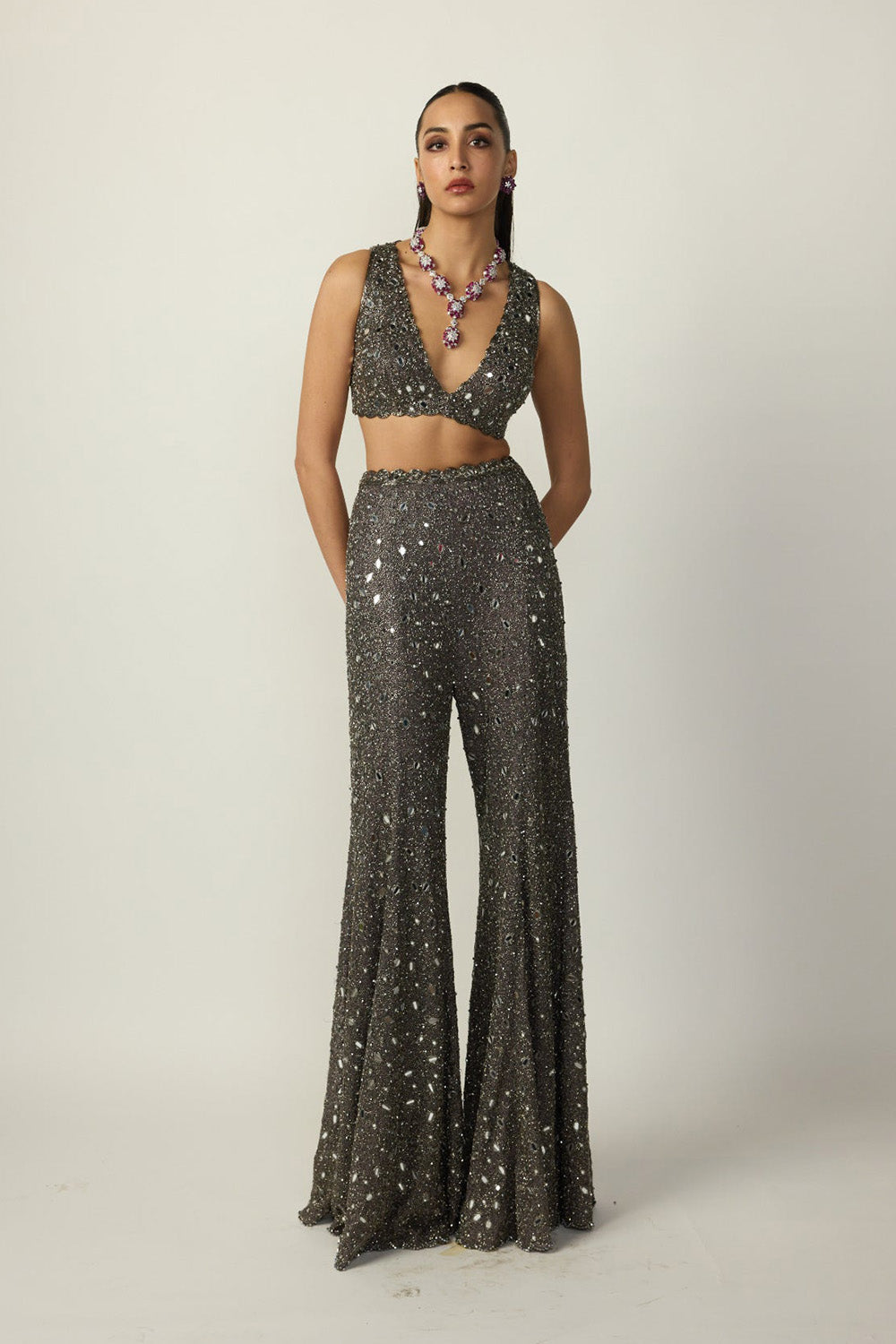 Metallic Grey Blouse Sharara Pant Set