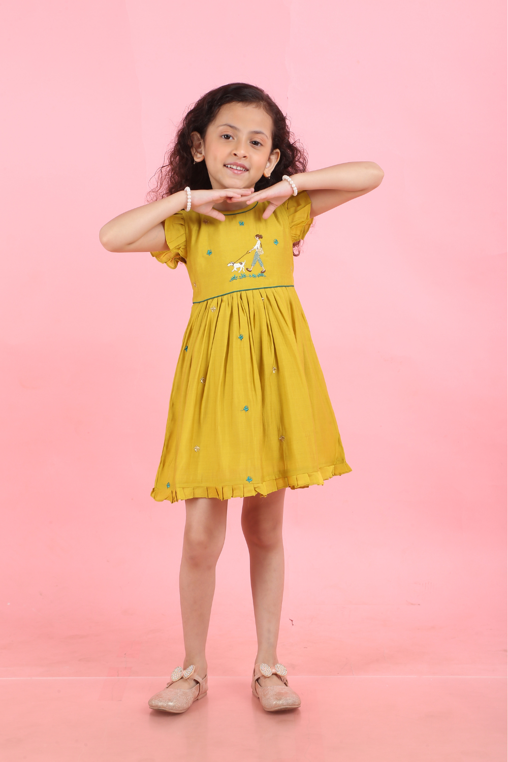 MUSTARD YELLOW GIRL MOTIF DRESS