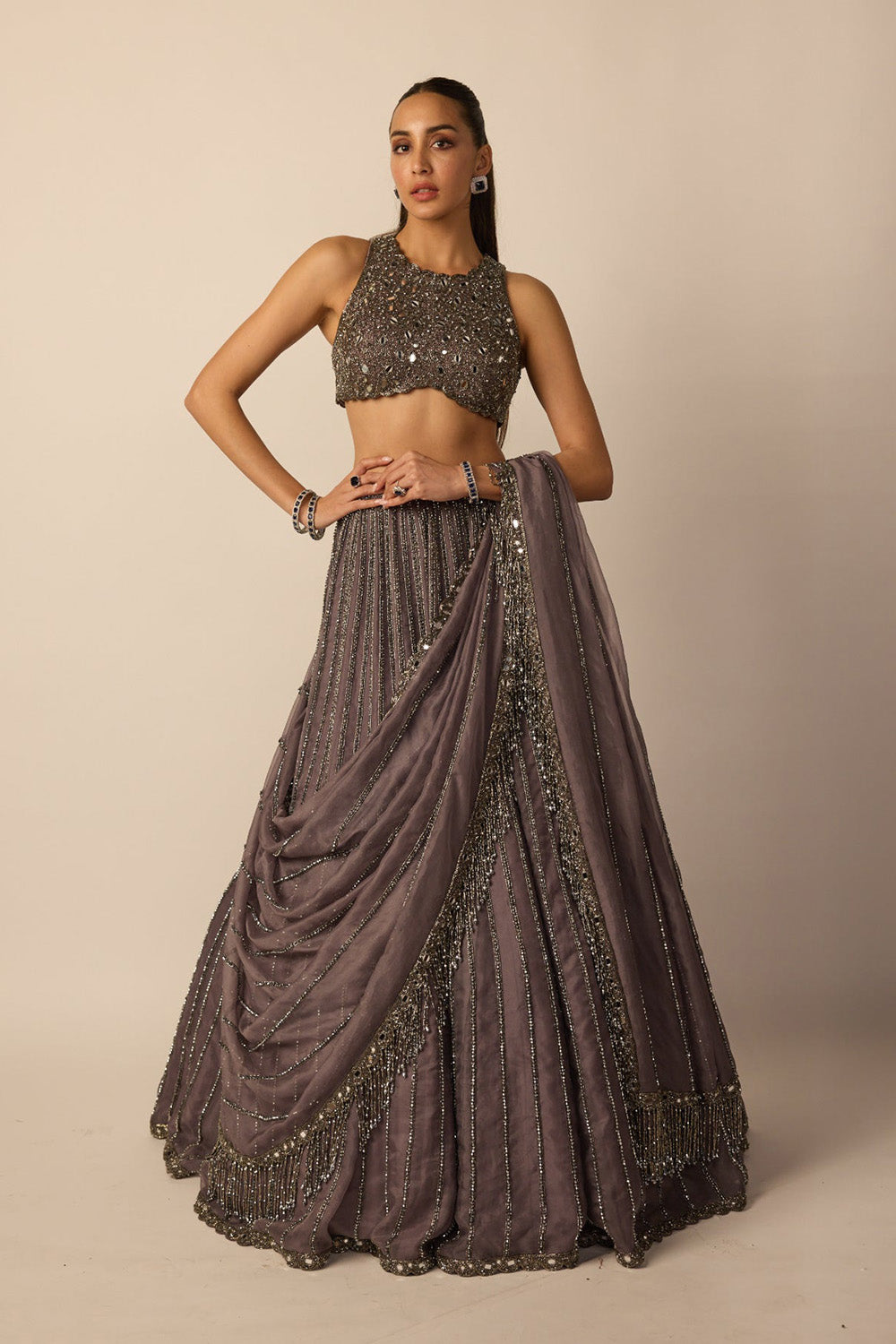 Metallic Grey Linear Lehenga Set