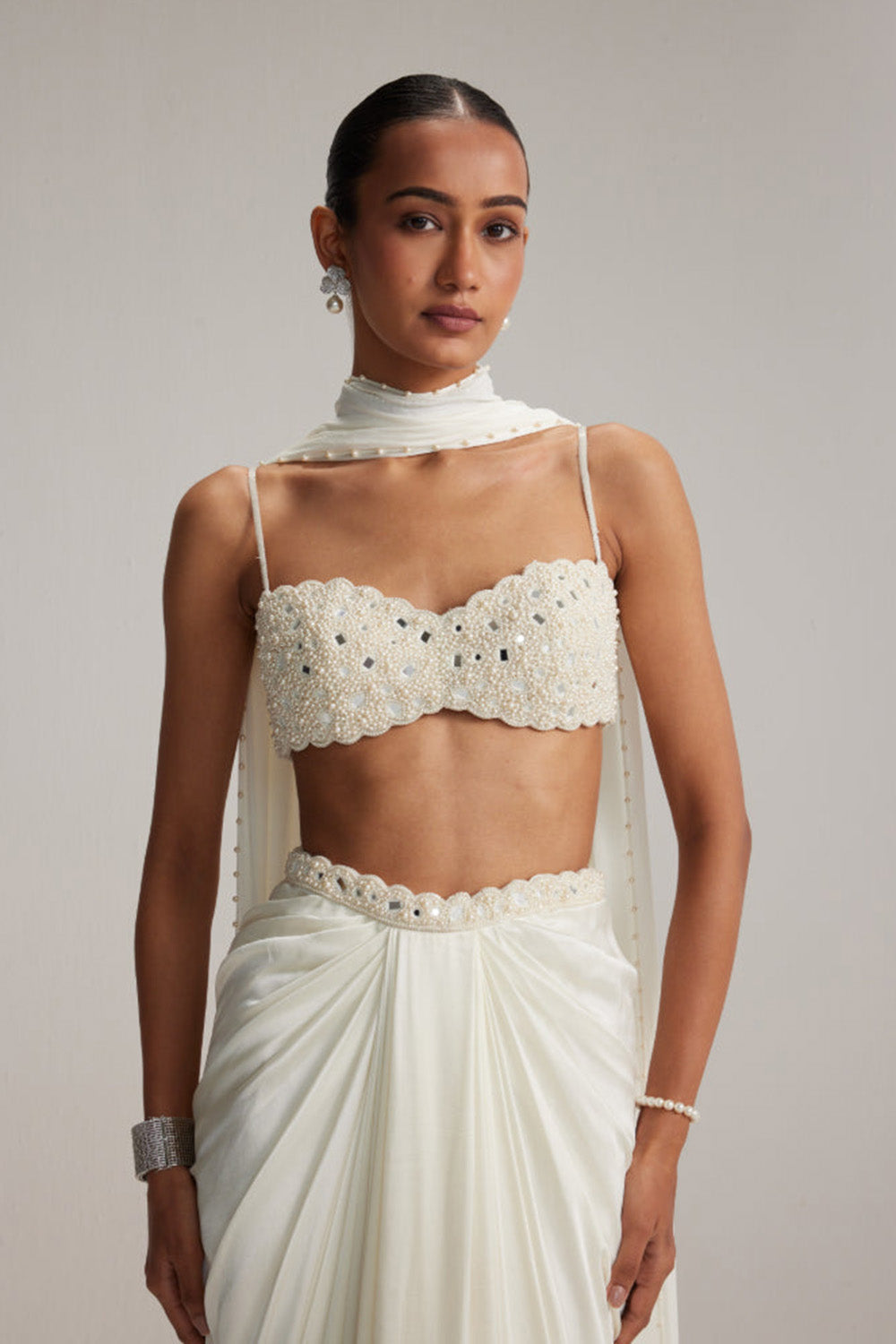 Off White Satin Draped Skirt Set