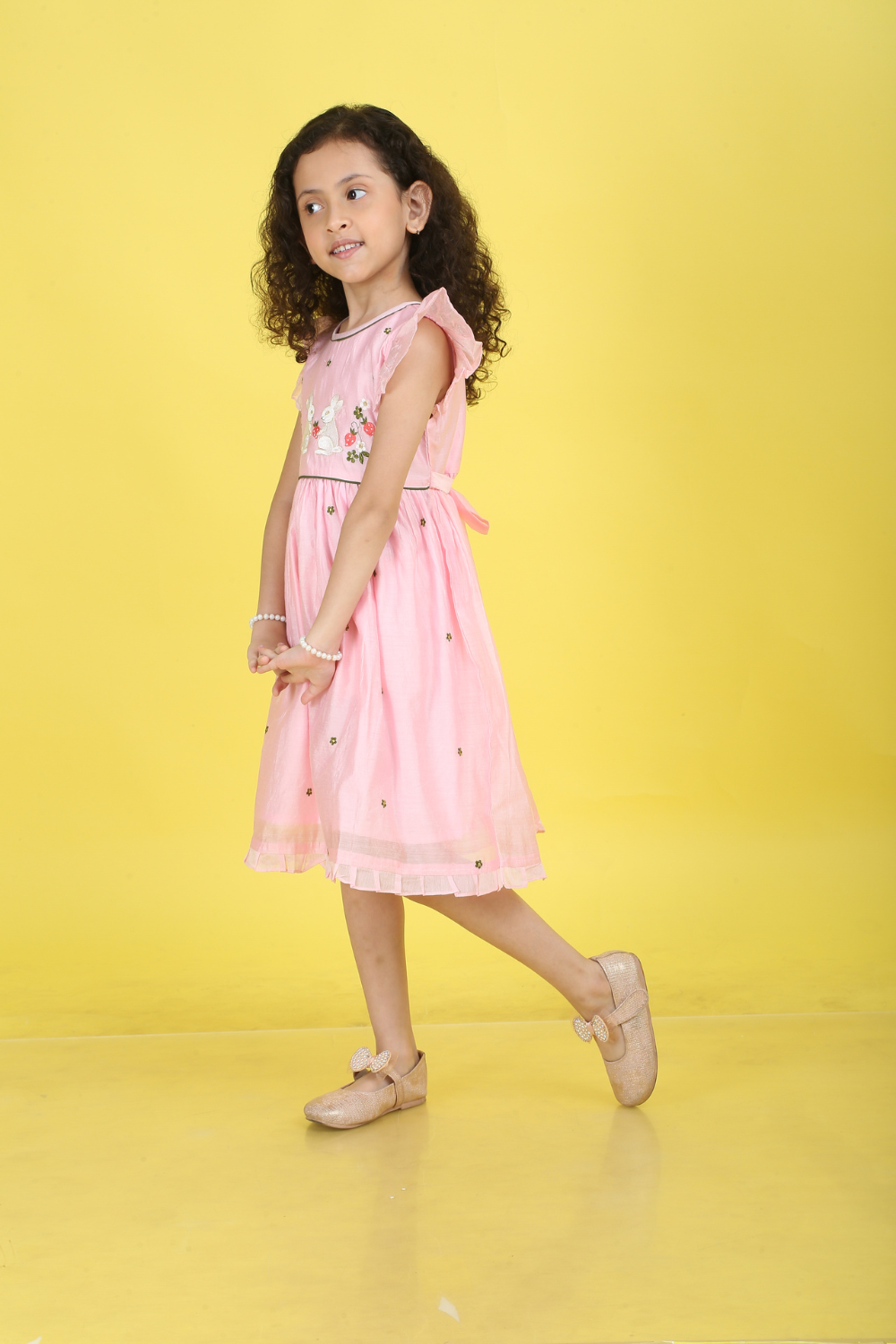 PEACH RABBIT EMBROIDERY DRESS