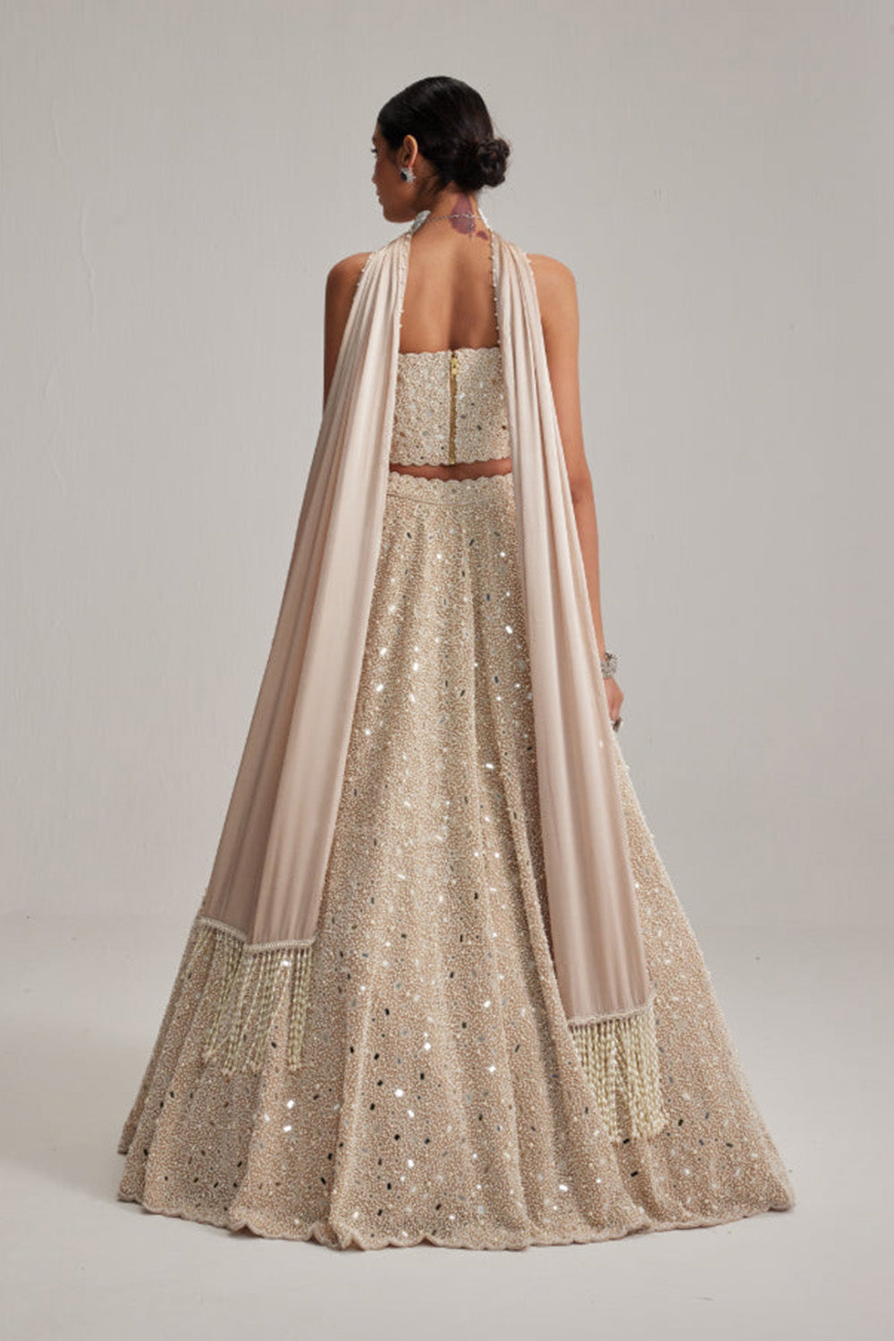 Light Beige mirror and pearl Corset lehenga set With Stole