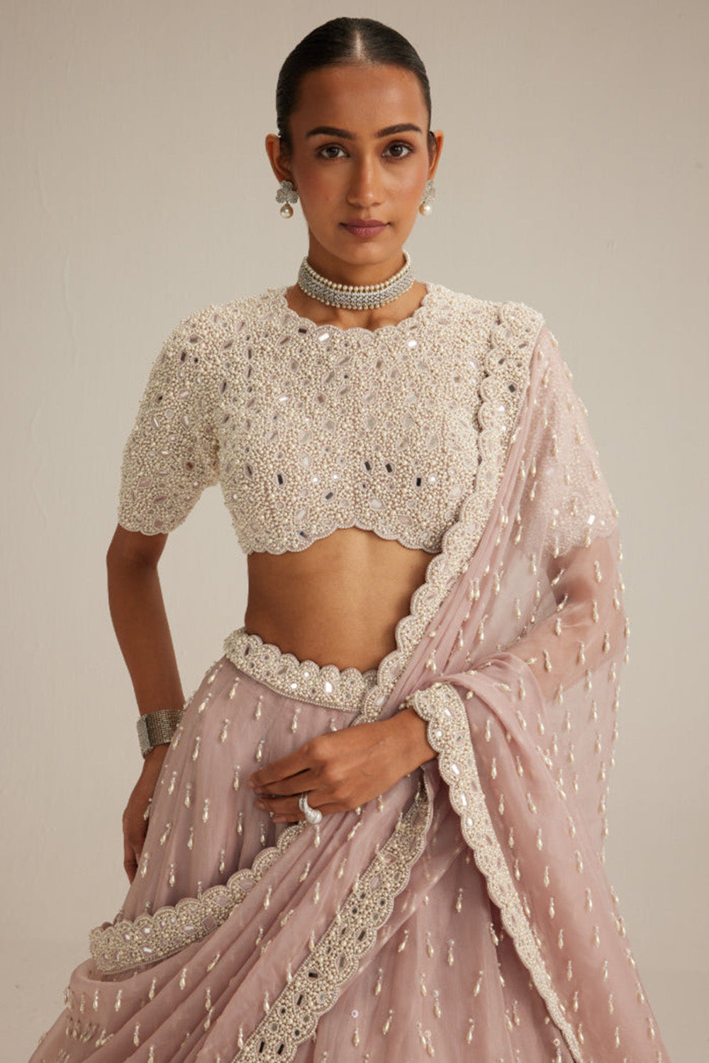 Ash Pink Pearl Drop Lehenga with high neck blouse
