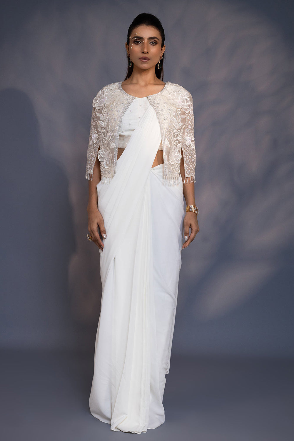 3D Embroidered Cape with Draped Saree and Blouse