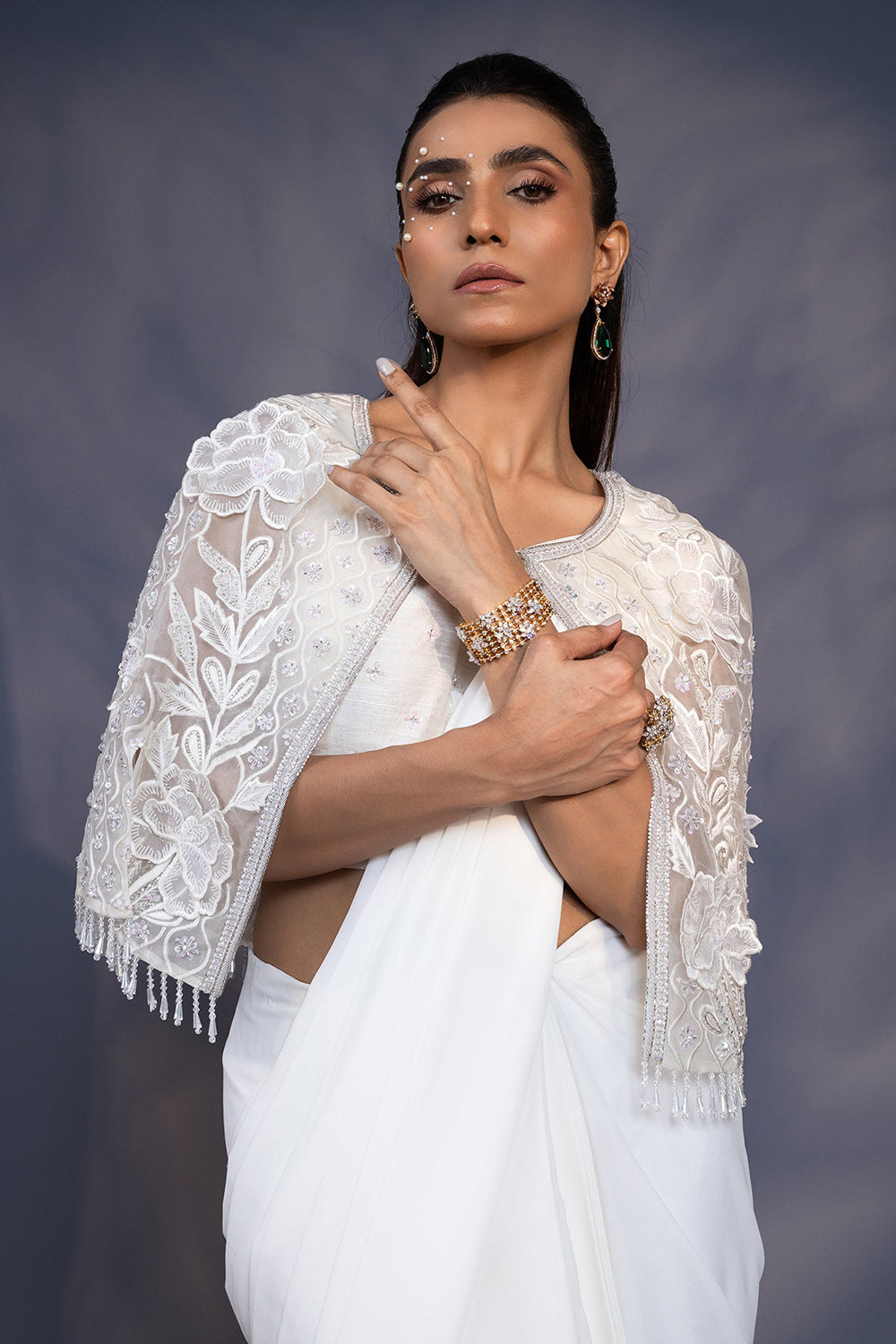 3D Embroidered Cape with Draped Saree and Blouse