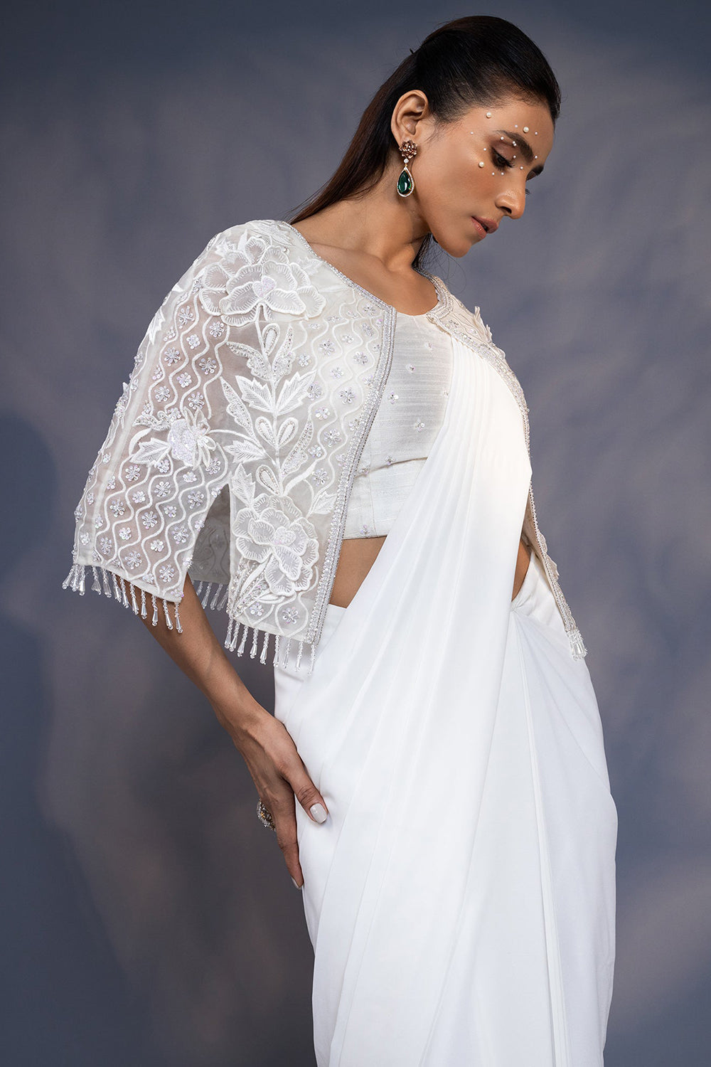 3D Embroidered Cape with Draped Saree and Blouse