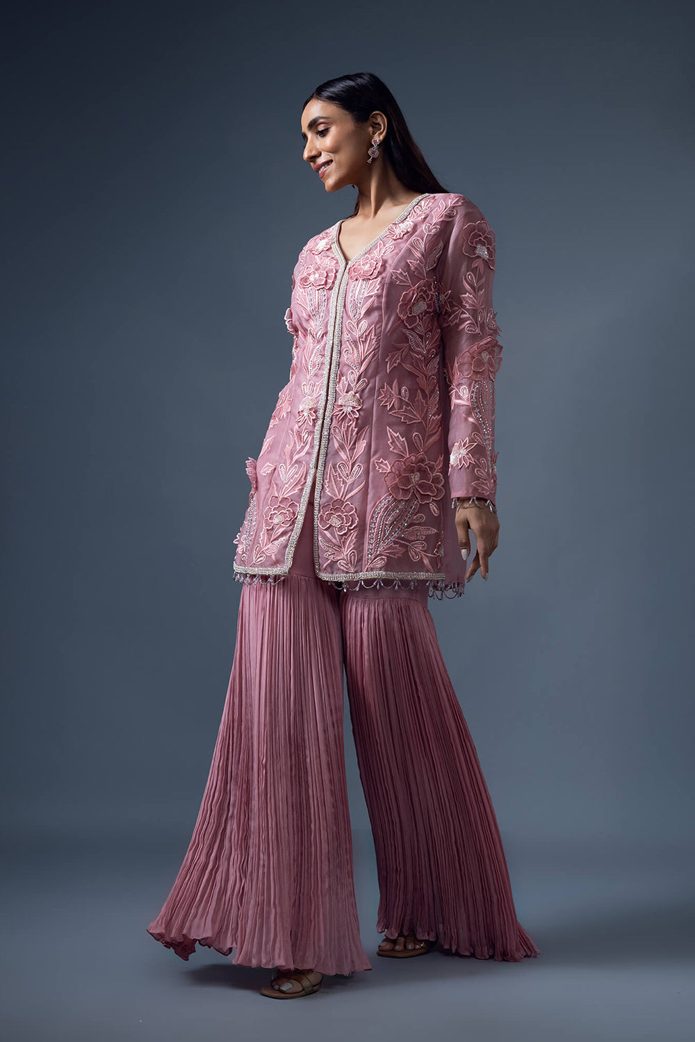 3D Embroidered Jacket with Rouched Garara Pants