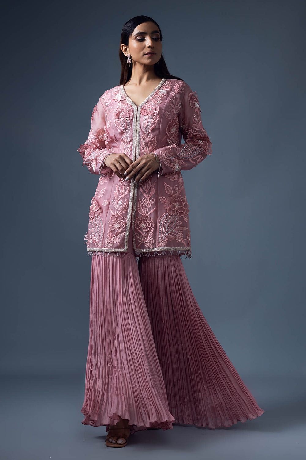 3D Embroidered Jacket with Rouched Garara Pants