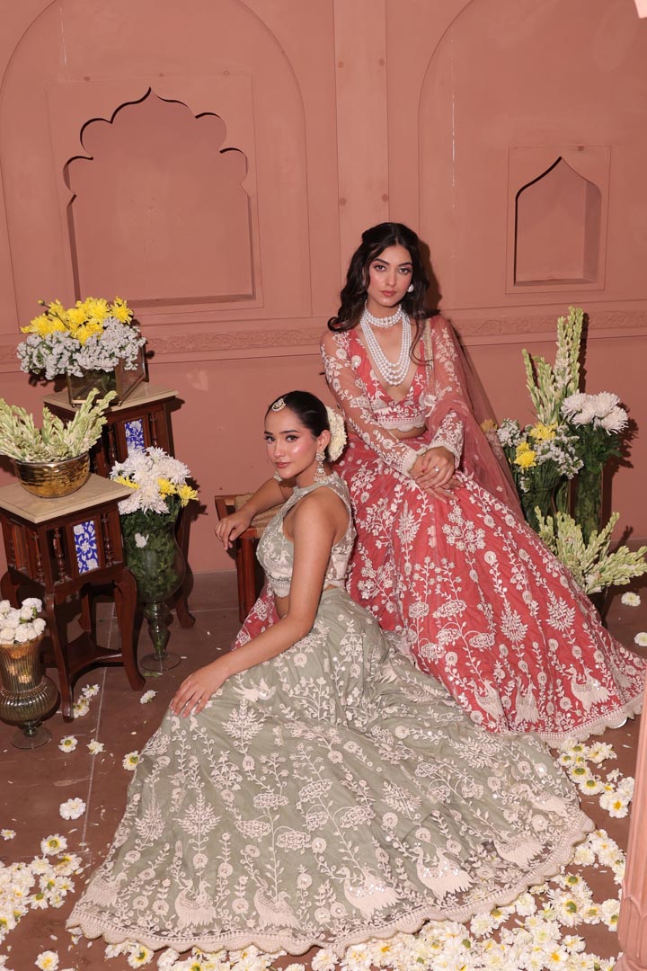 Rose Blush Embroidered Peacock Lehenga Set