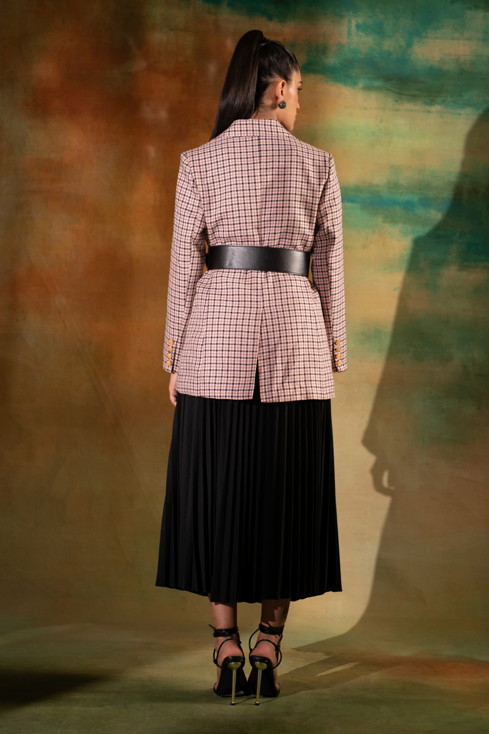 Tweed Long Jacket With Pattern Pleat Skirt