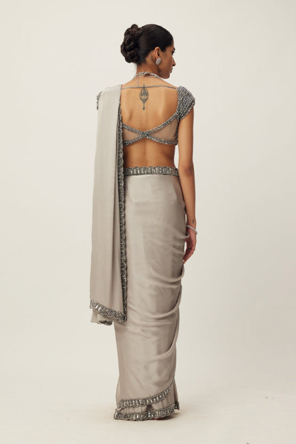 Crystal Grey Satin Saree Set