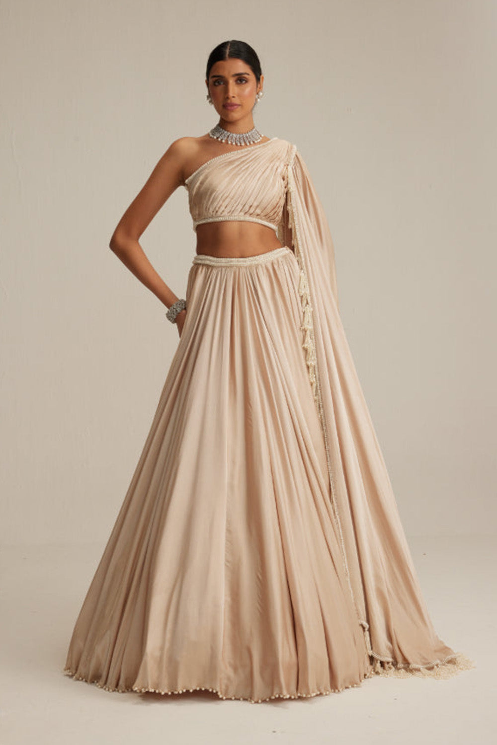 Light Beige Satin Lehenga Set