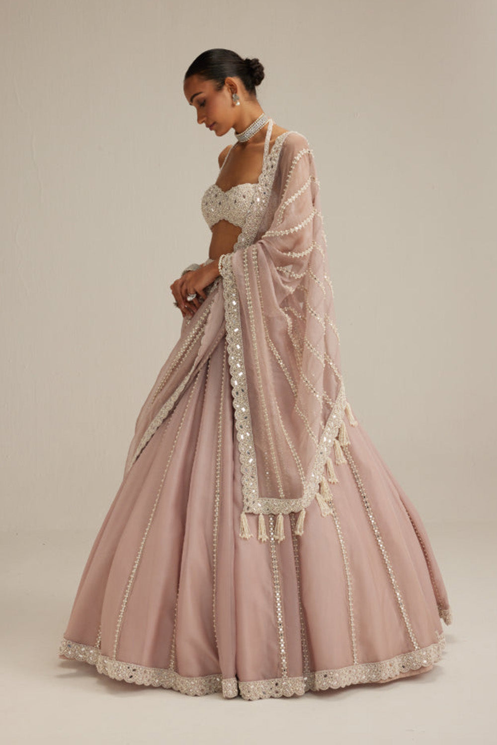 Ash Pink linear embroidered Organza Lehenga Set