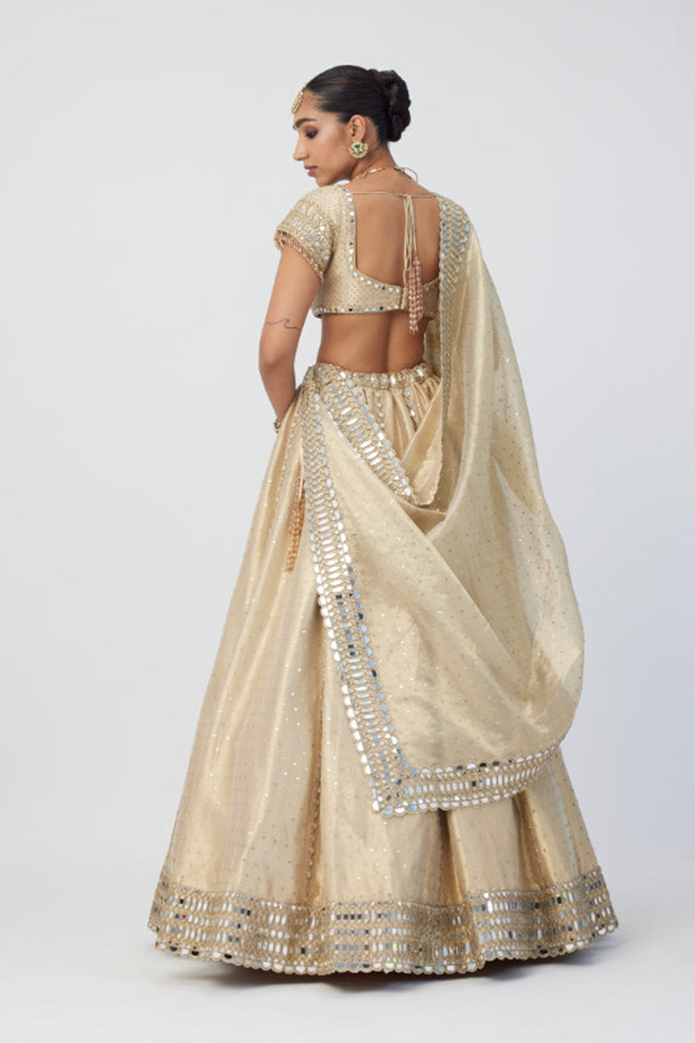 Golden Shimmer Organza Linear Lehenga Set