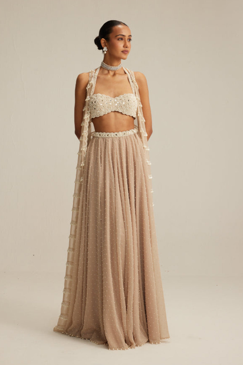 Light Beige Pearl Drop Jacket Set.