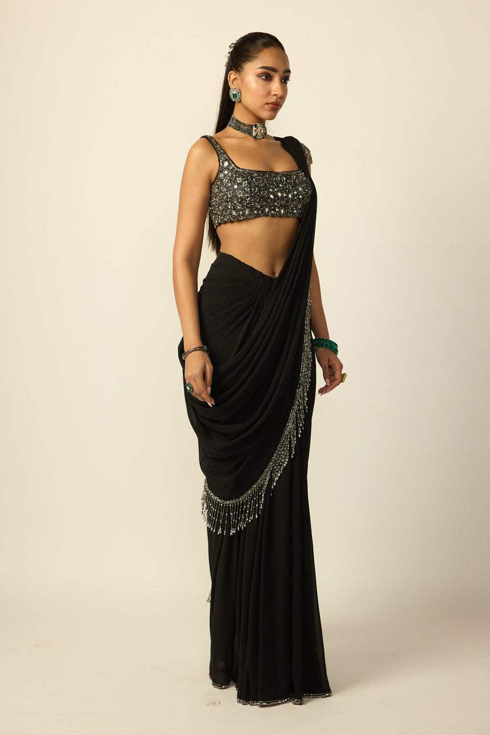 Black Georgette Tassel Saree