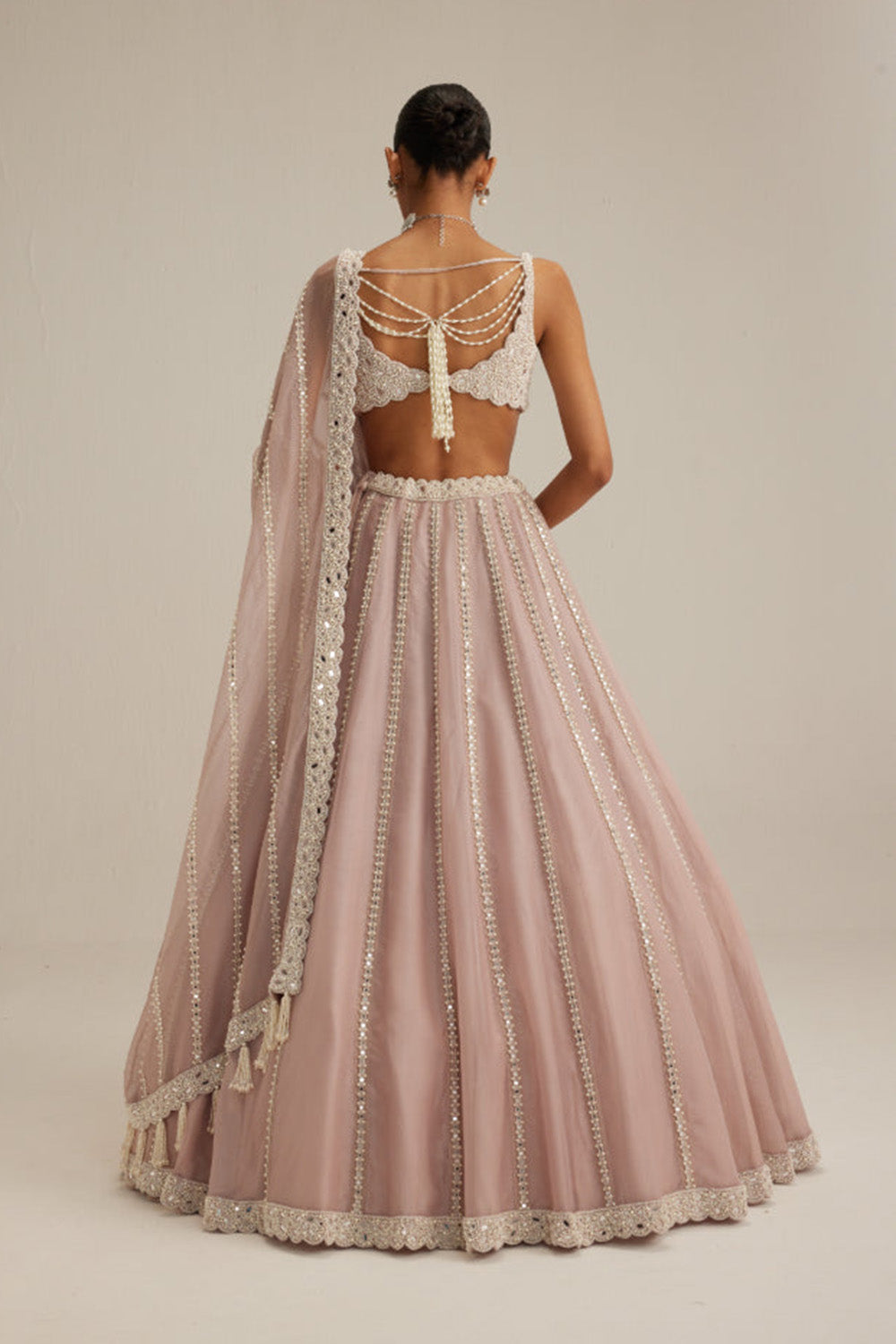 Ash Pink Pearl Mirror linear Lehenga with V neck Blouse