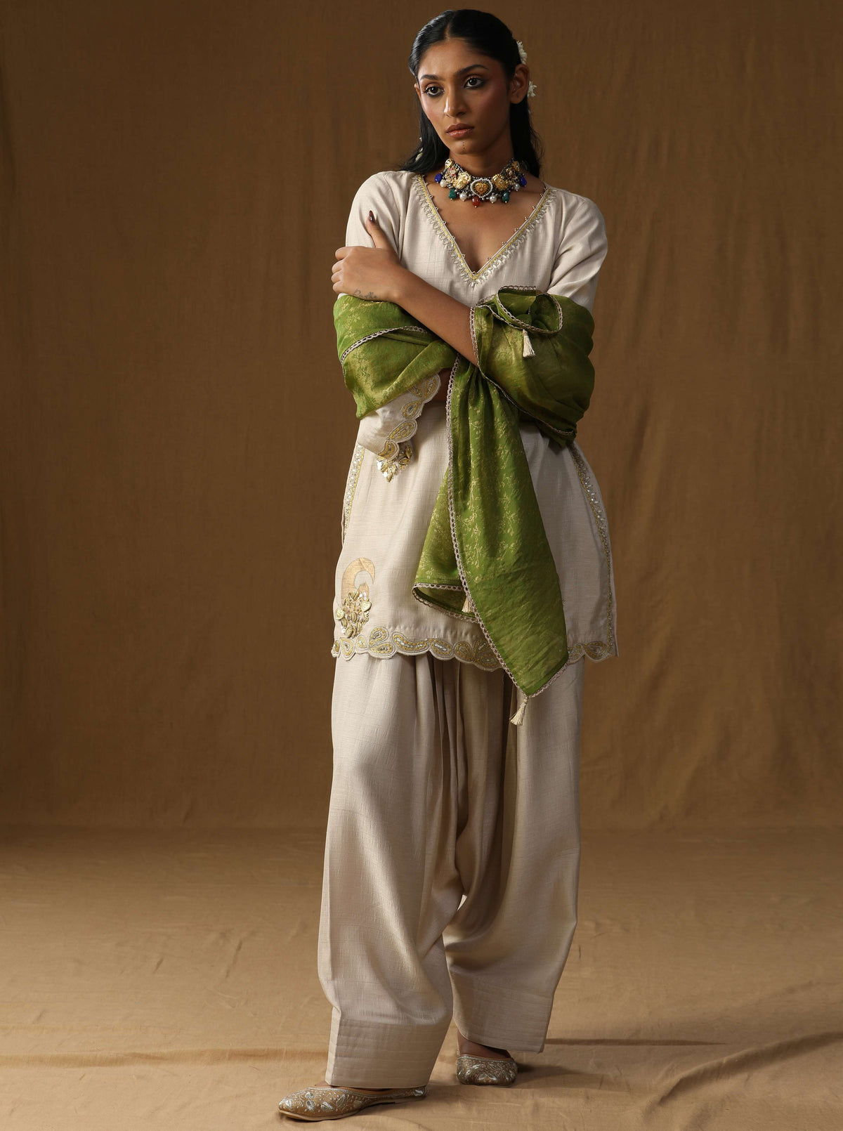 Vrind?  Beige Mritika Embroidered Suit Set