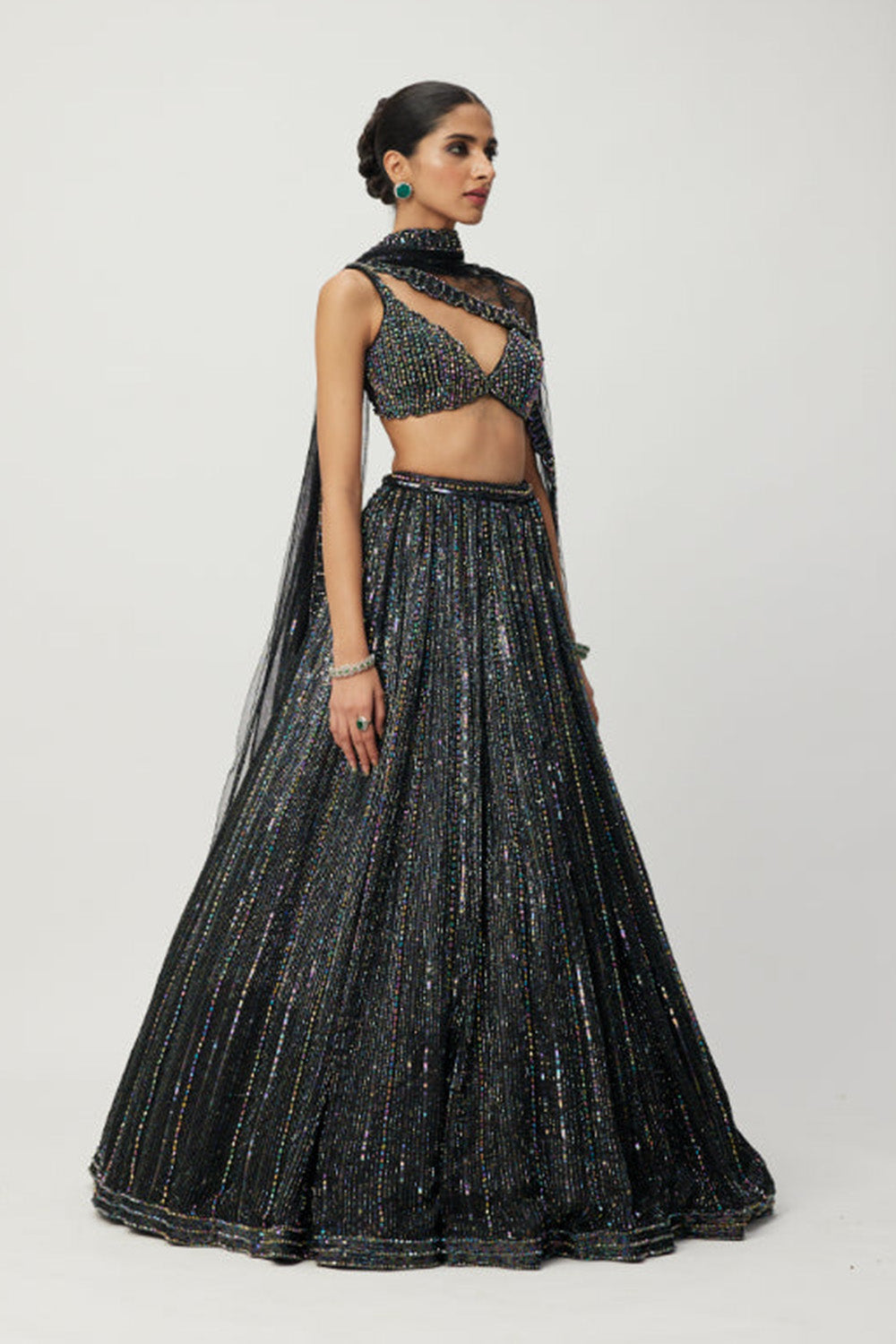 Black crystal Linear Embroidered Lehenga Set