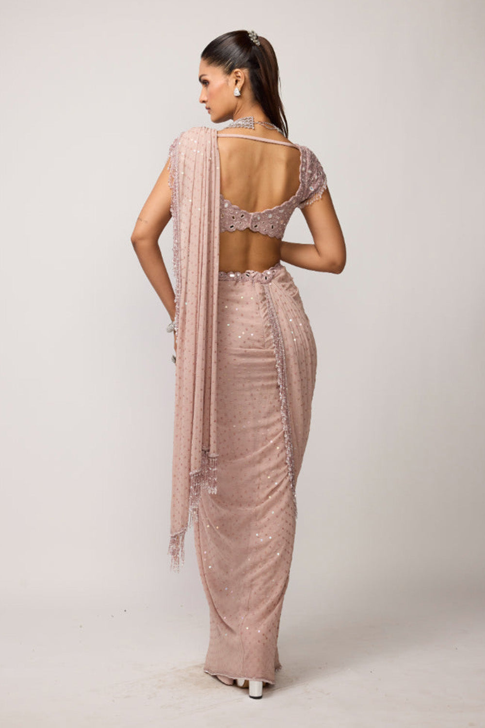 Ash Pink Sequins Embroidered Draped Saree Set