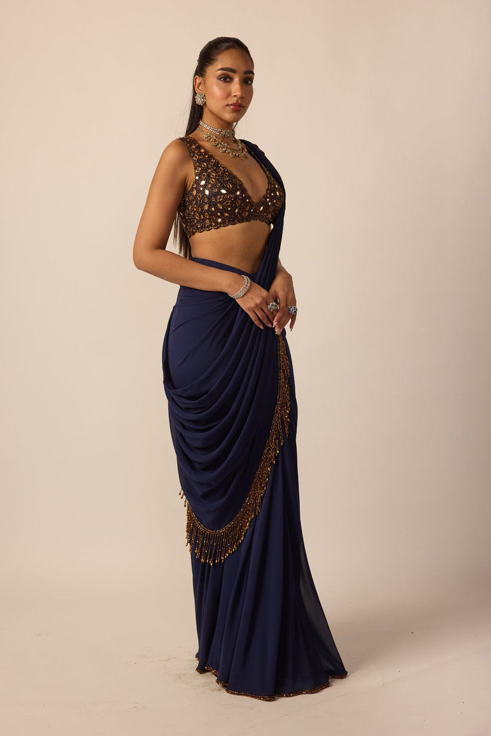 Deep Blue Georgette Tassel Saree