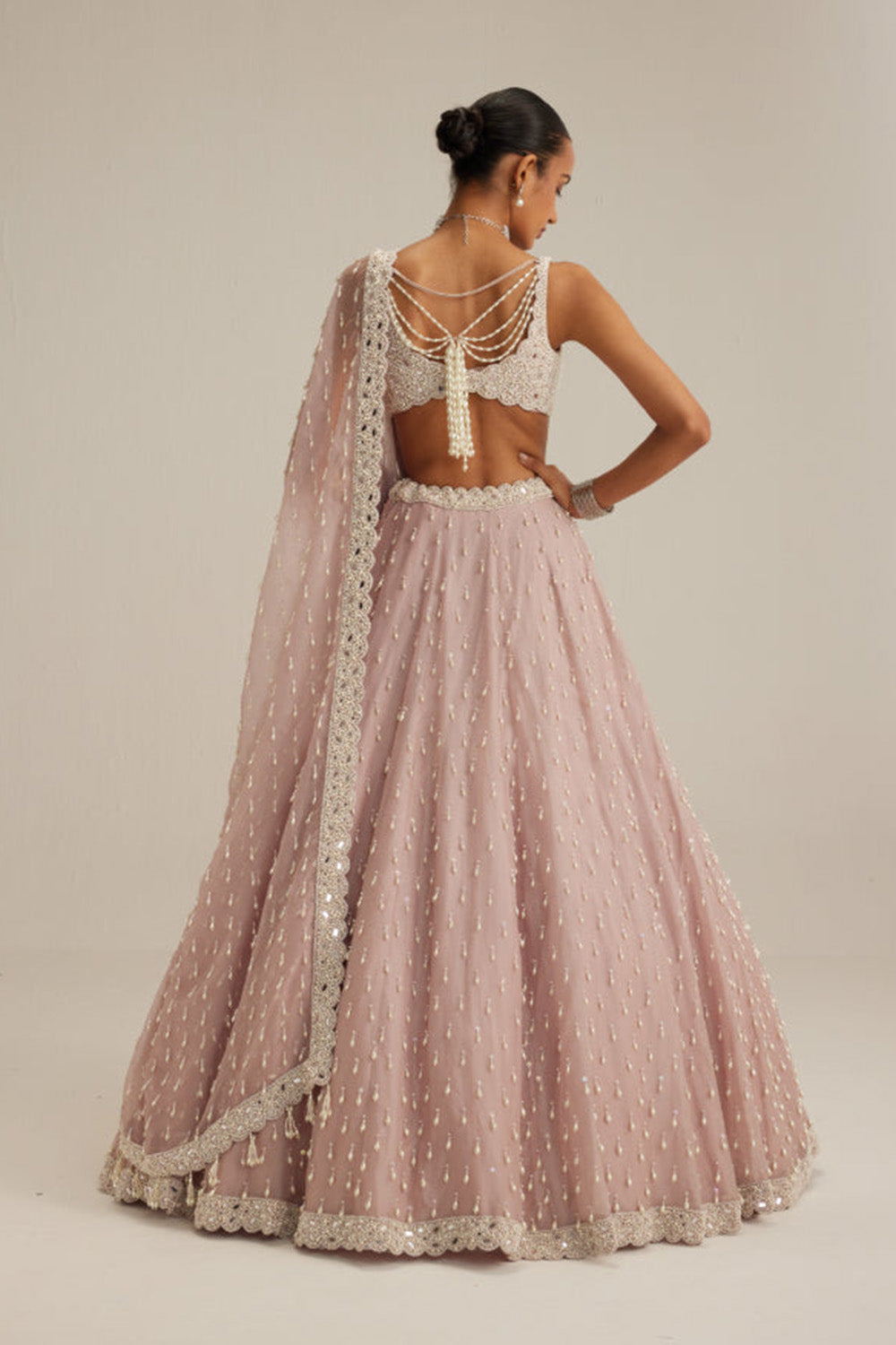 Ash Pink Pearl Drop Organza Lehenga Set