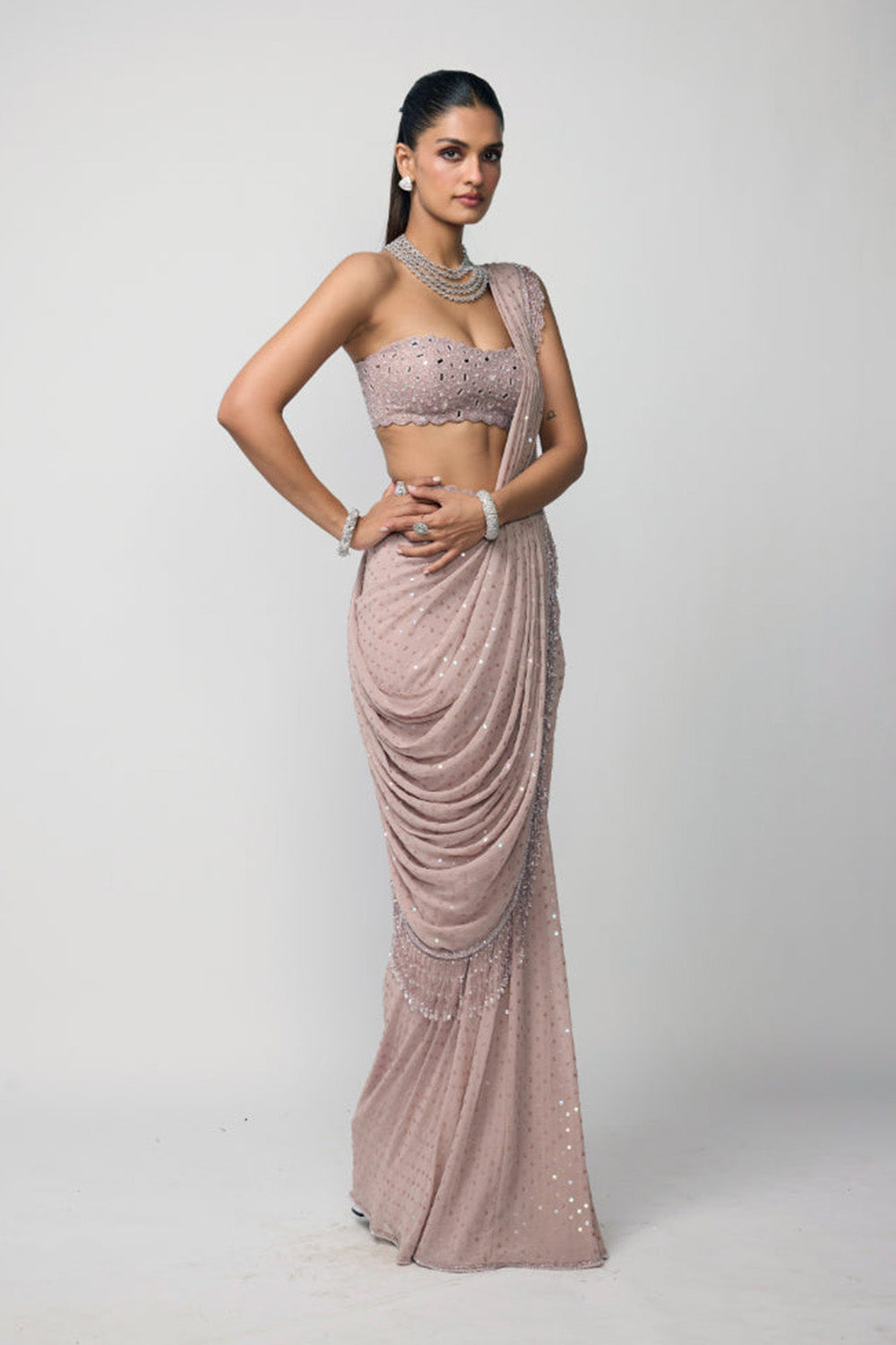 Ash Pink Drapded Saree Set