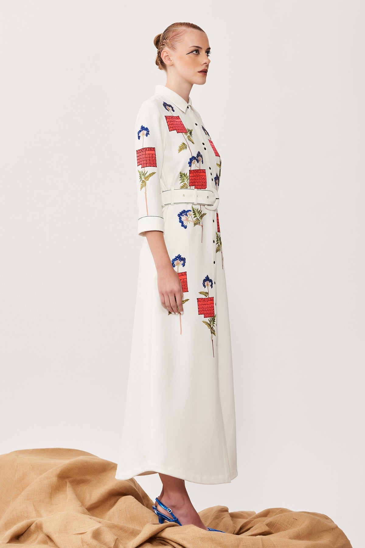 Calender Long Shirt Dress With Buckle Belt