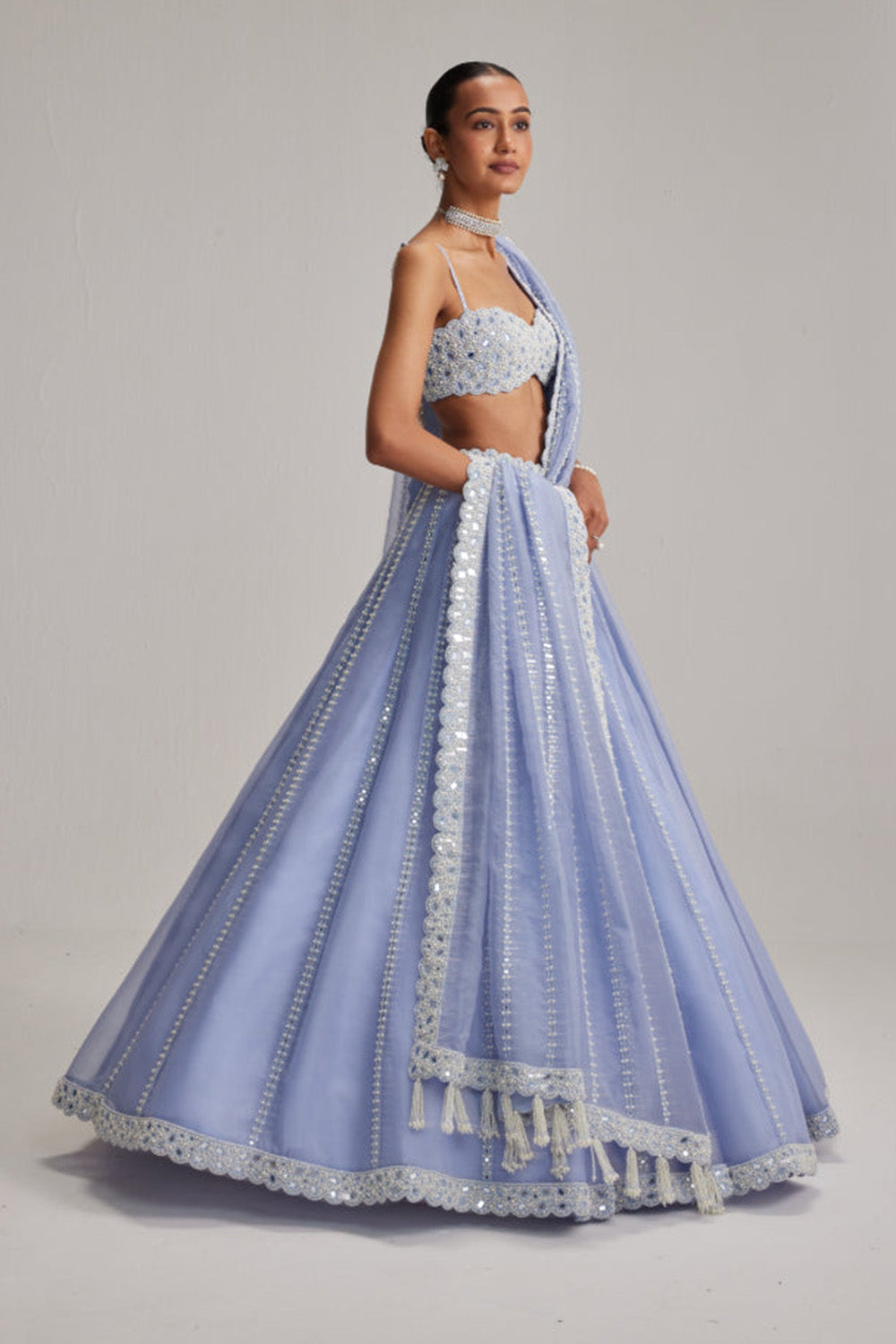 Dew Blue linear Mirror Organza Lehenga Set