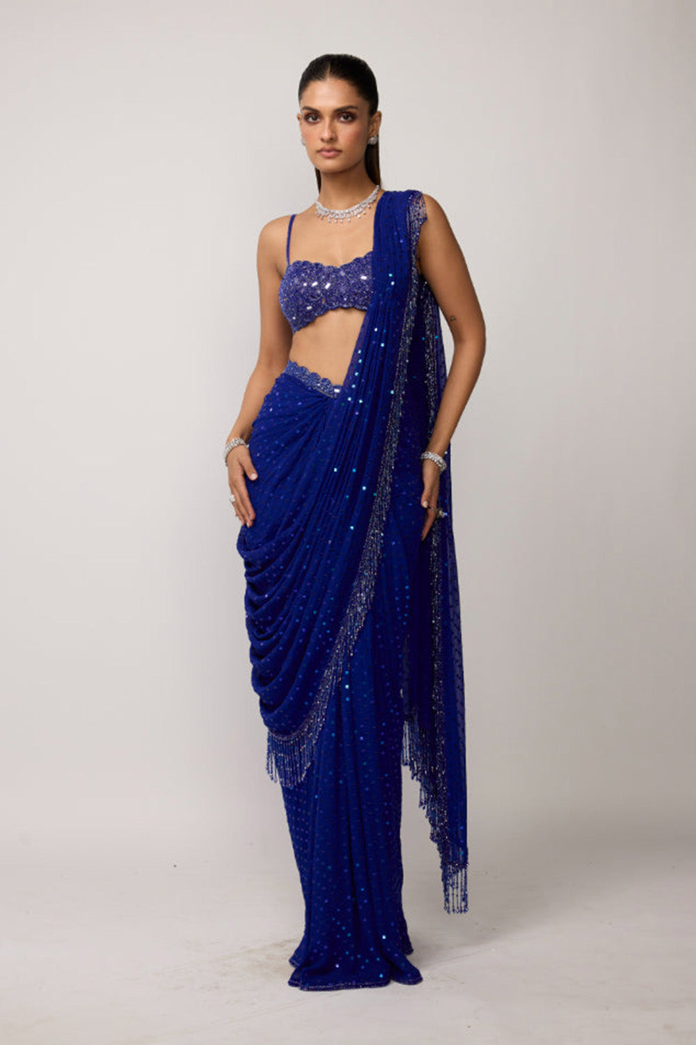 Cocktail Blue Sequins Embroidered Saree Set