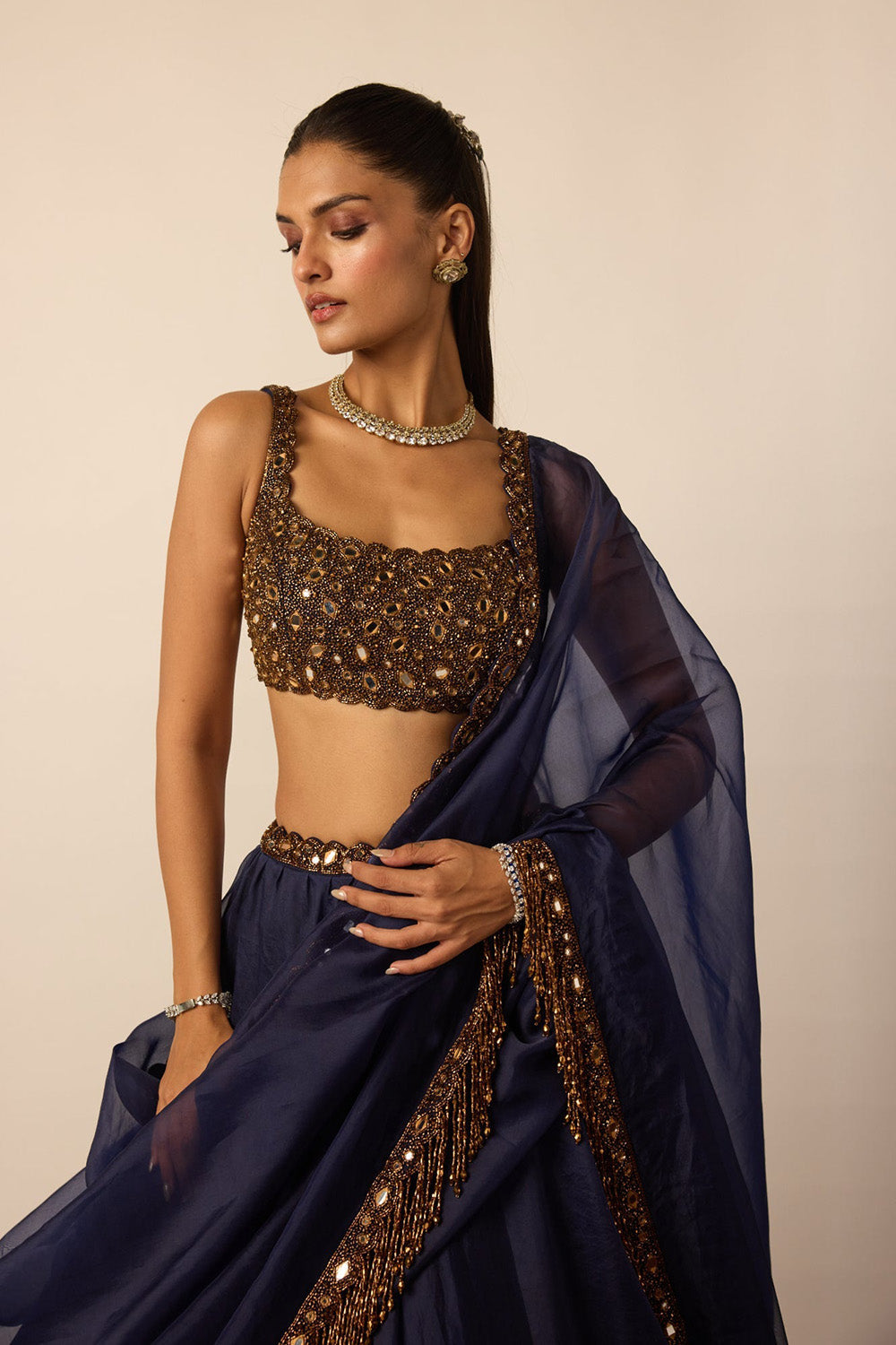 Deep Blue Tassel Dupatta Lehenga Set