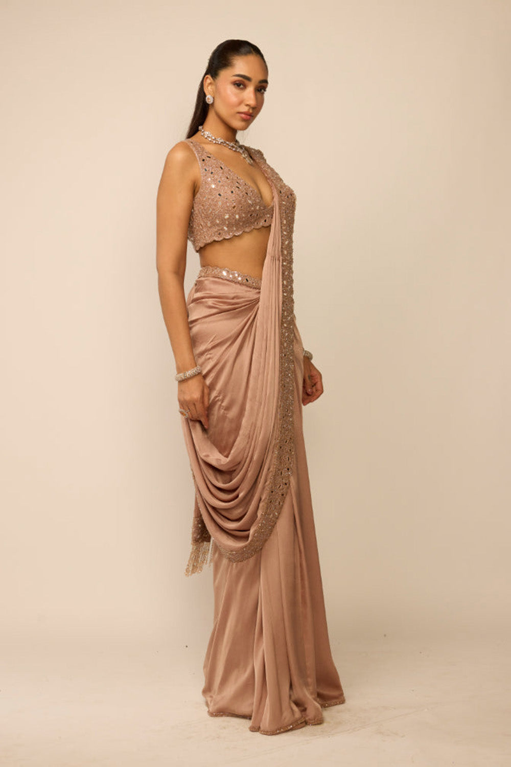 Bronze Ros� Satin Draped Saree Set