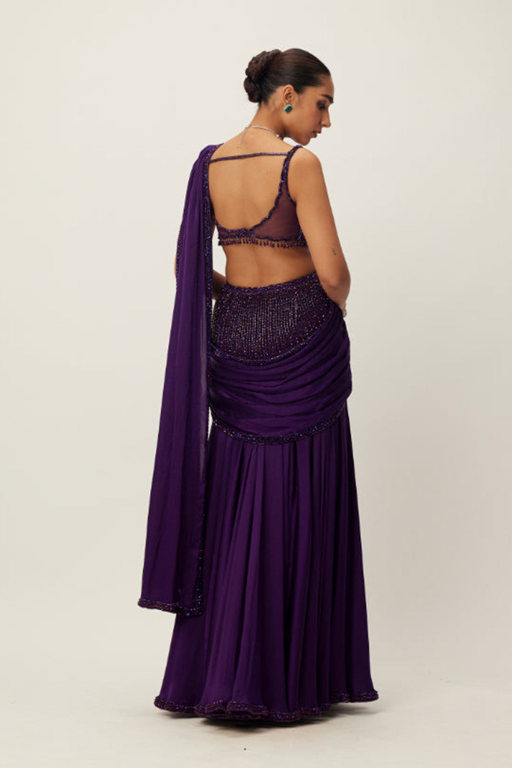 Royalty Purple Pre Draped Crystal beaded Saree Set