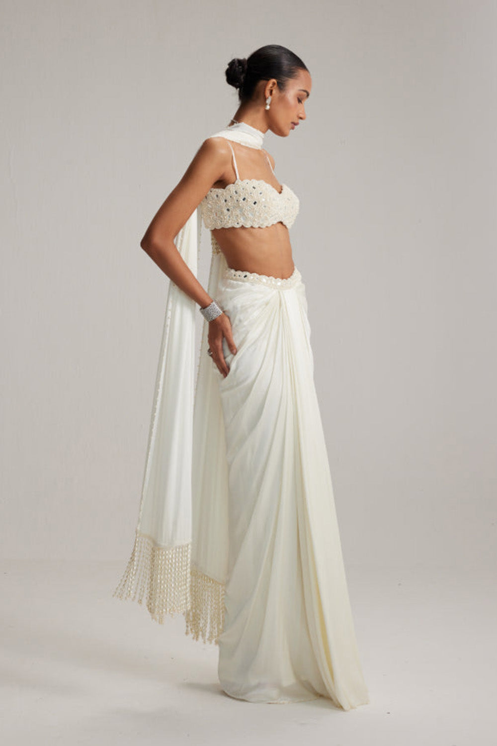 Off White Satin Draped Skirt Set