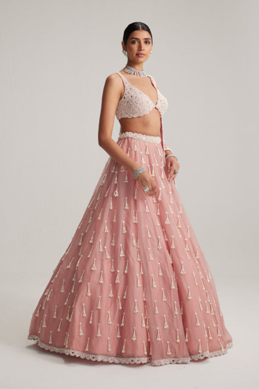 Dusty Rose Organza Long pearl tassels lehenga set