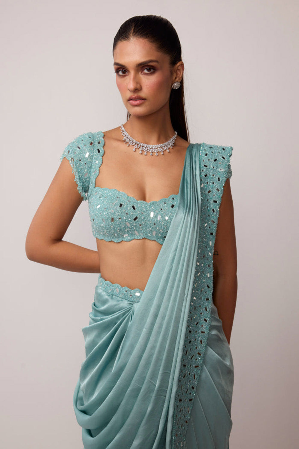 Powder Blue Draped Saree Set