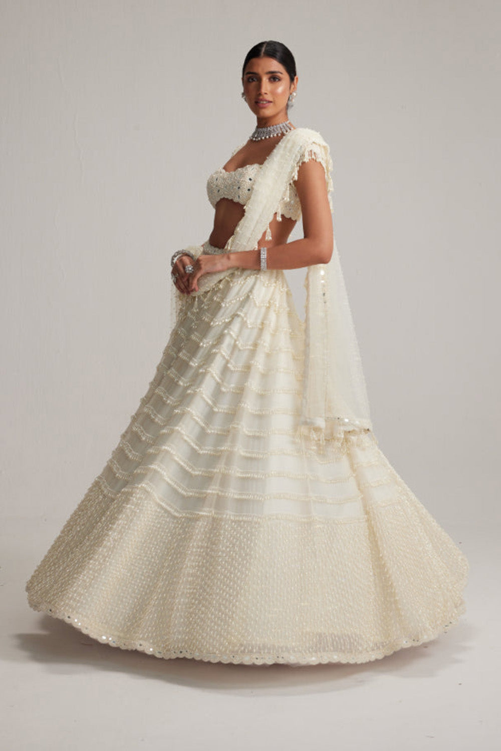 Off White Mirror and Pearl Drop Bridal lehenga set