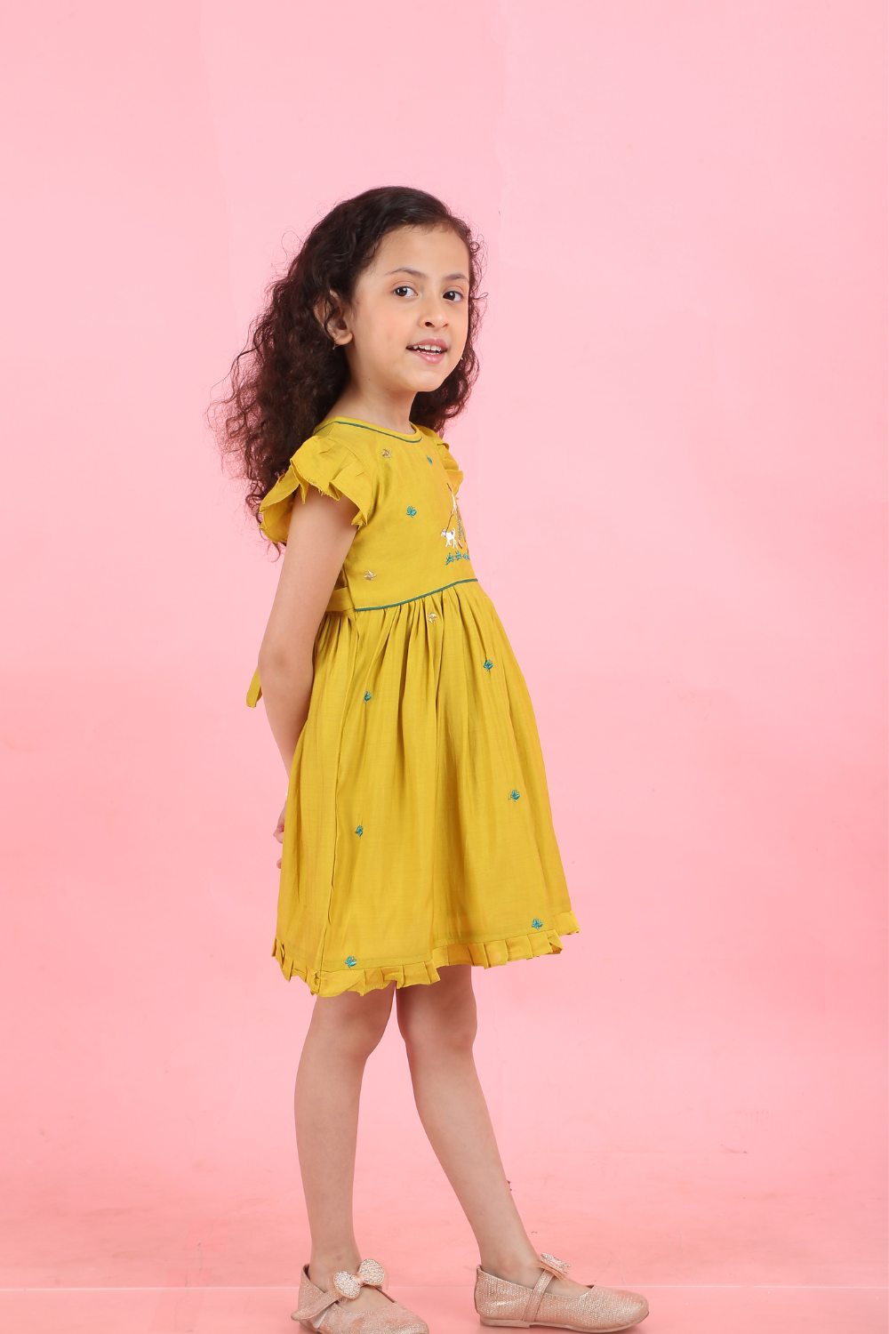 MUSTARD YELLOW GIRL MOTIF DRESS