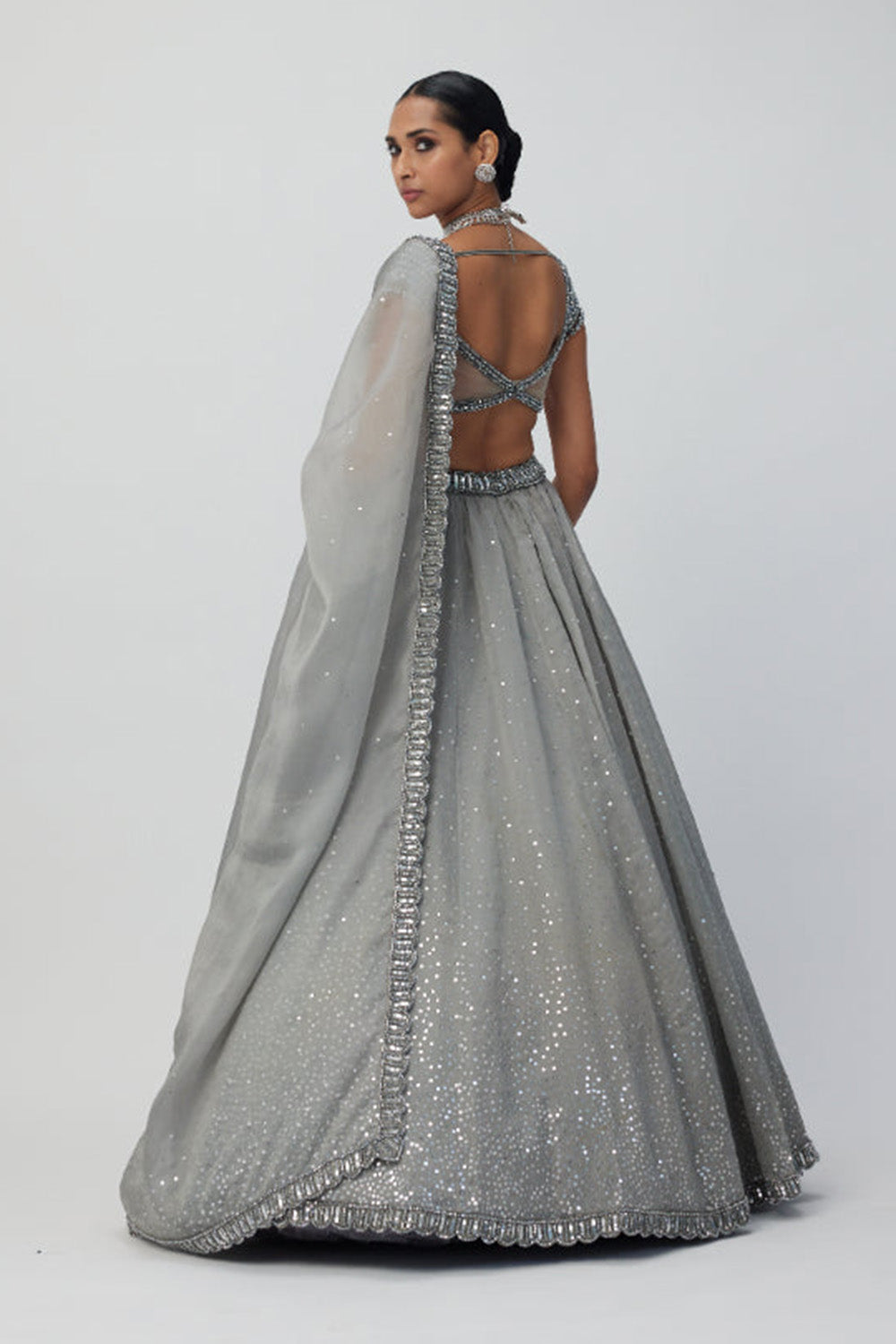 Crystal Grey Sequins Scattered Organza Lehenga Set